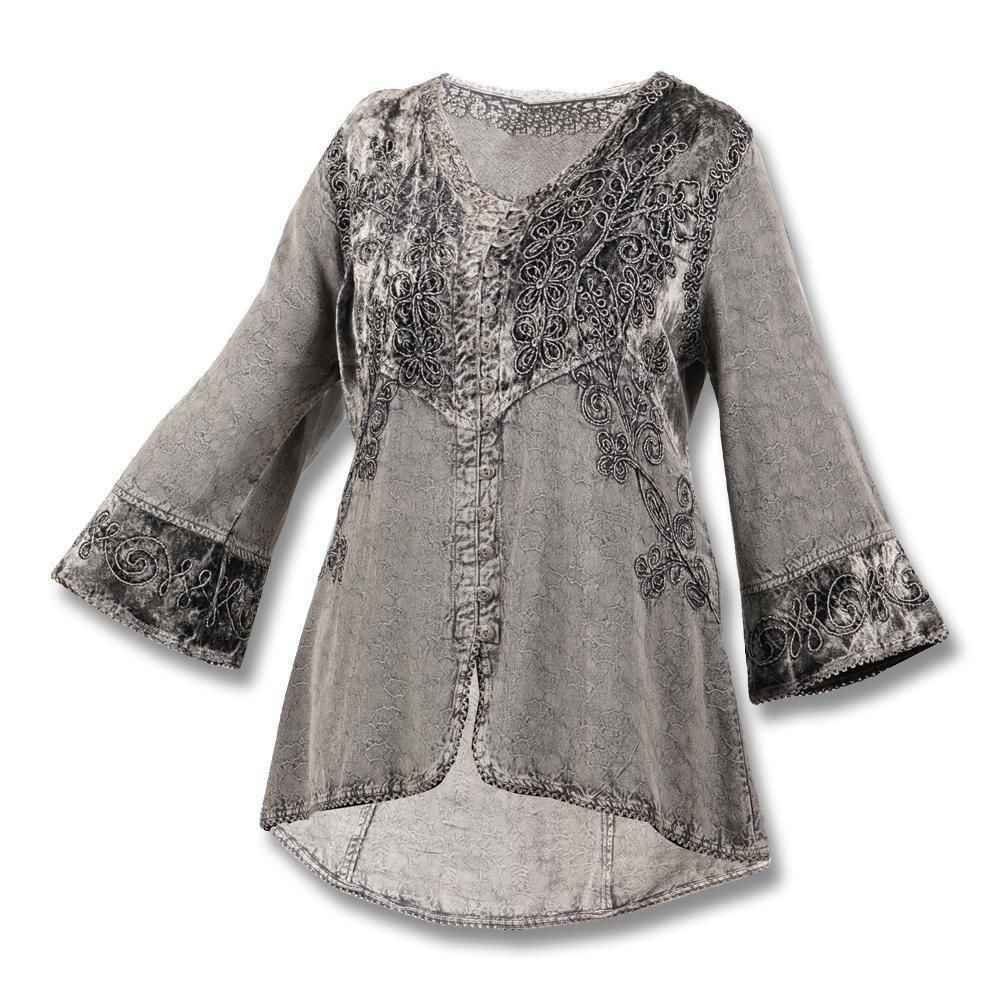 Parsley & Sagr Elegant Gray Women's Tunic Top Size S Velvet Embroidery